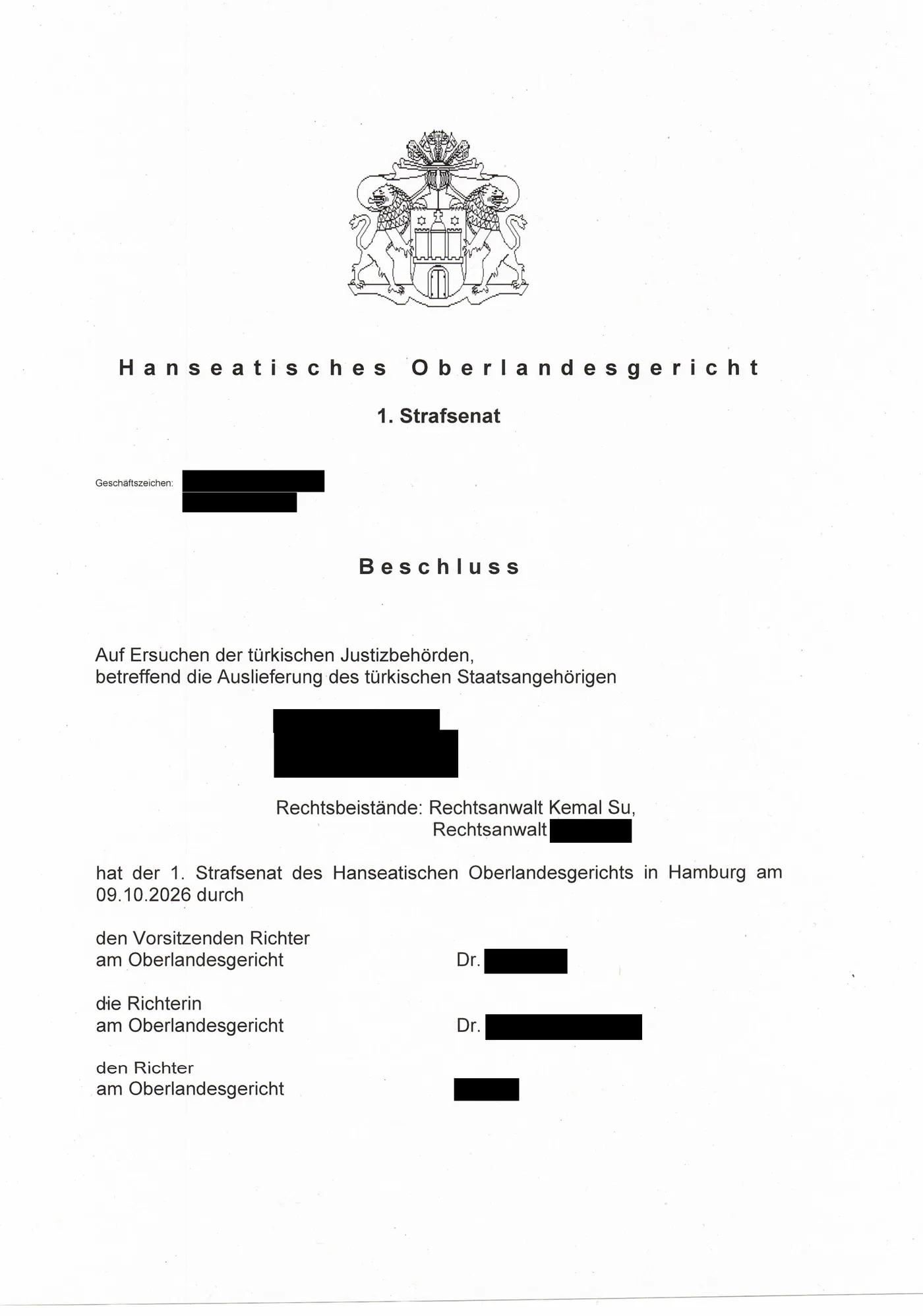 Beschluss des Hanseatischen Oberlandesgerichts vom 09.10.2026, Seite 1: Rubrum des Auslieferungsverfahrens mit Rechtsbeistand Rechtsanwalt Kemal Su, Namen und Aktenzeichen geschwärzt