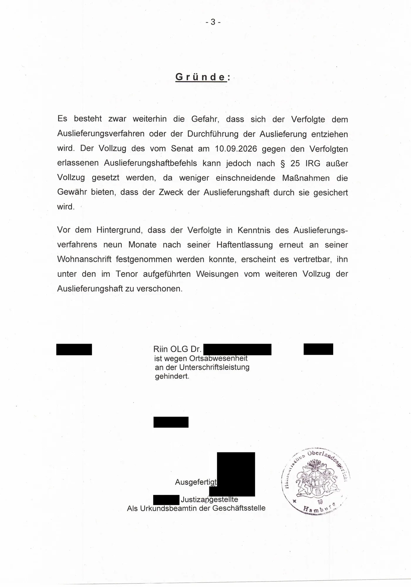 Beschluss des Hanseatischen Oberlandesgerichts vom 09.10.2026, Seite 3: Gründe der Haftverschonung im Auslieferungsverfahren mit der Türkei